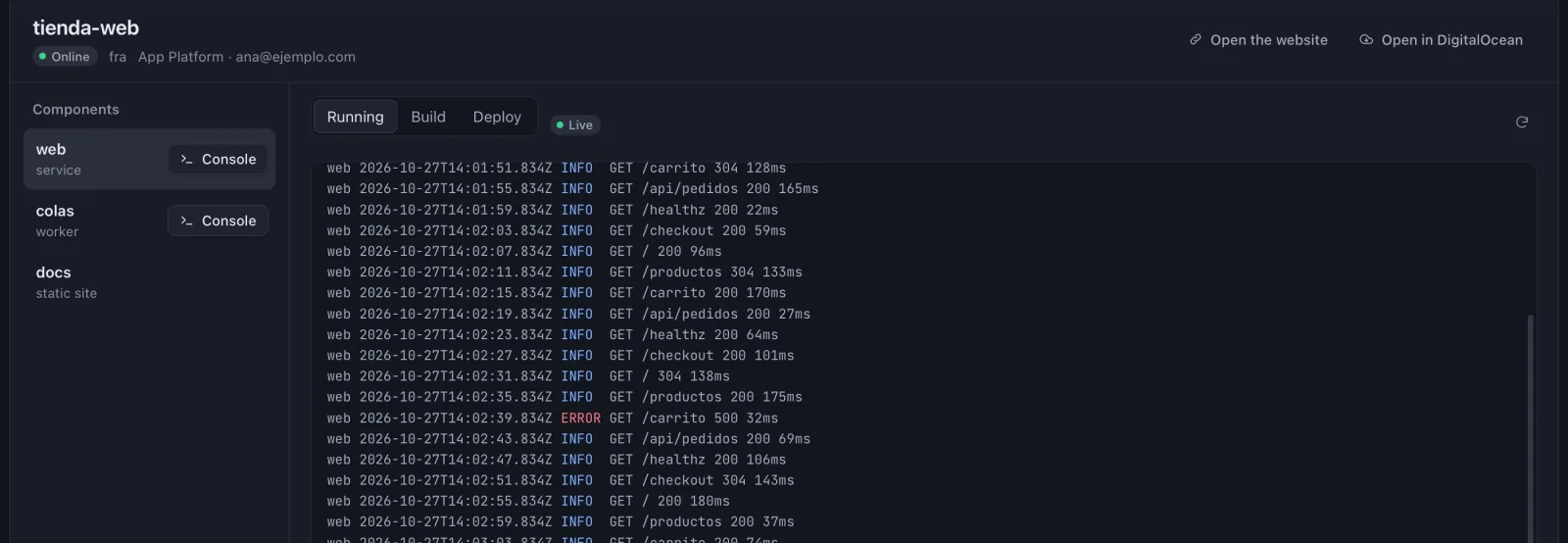 Tab of an App Platform app in Nodo with its three components and live runtime logs, with an error highlighted in red