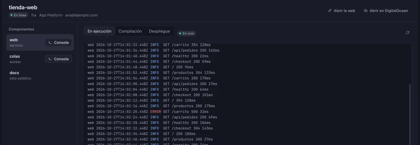 Pestaña de una app de App Platform en Nodo con sus tres componentes y los registros de ejecución en vivo, con un error resaltado en rojo