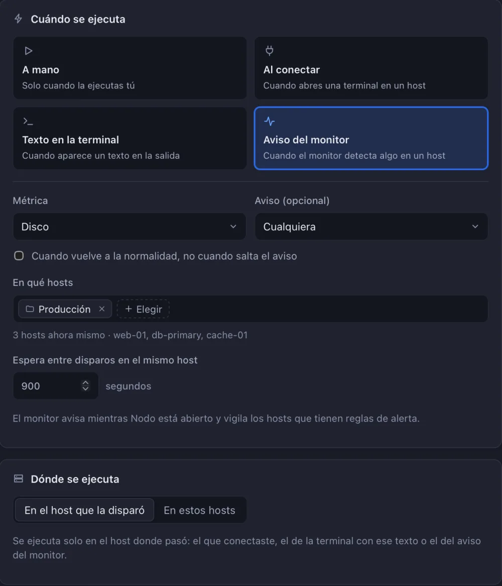 Editor de una automatización de Nodo que se ejecuta cuando el monitor avisa de un disco lleno