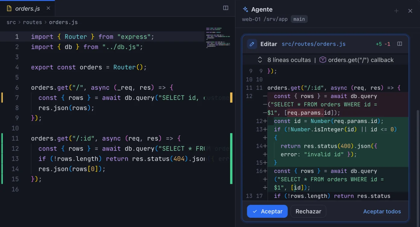 IDE de Nodo con el agente de IA proponiendo validar un parámetro en orders.js, con botones para aceptar o rechazar
