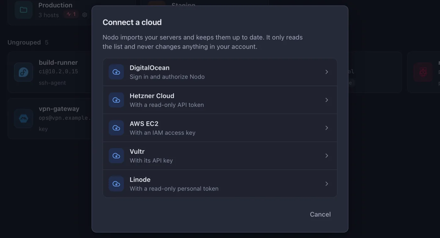 Nodo’s “Connect a cloud” window with DigitalOcean, Hetzner Cloud, AWS EC2, Vultr and Linode