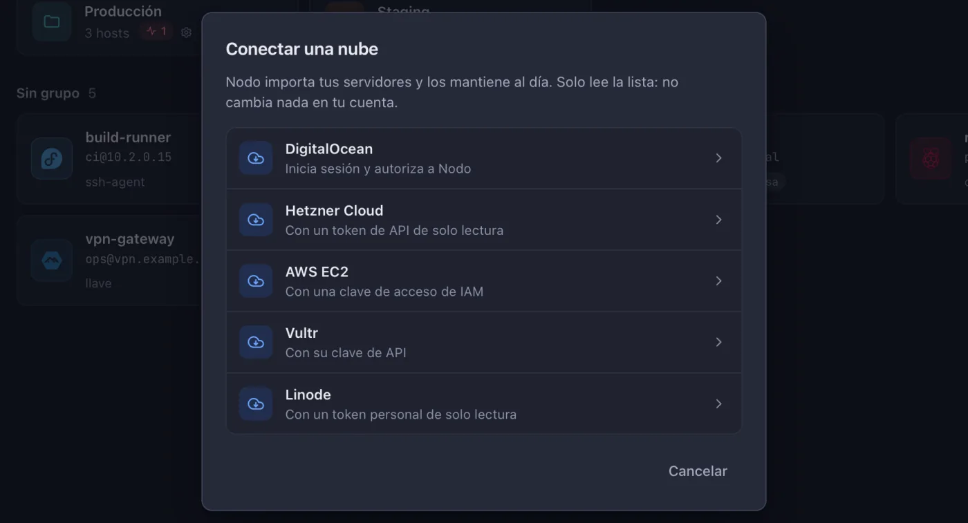 Ventana «Conectar una nube» de Nodo con DigitalOcean, Hetzner Cloud, AWS EC2, Vultr y Linode