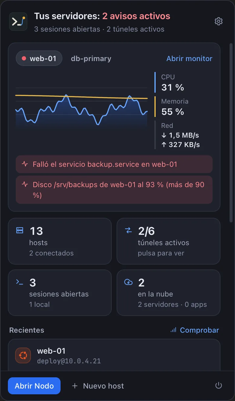 Panel de Nodo en la barra de menús con el monitor en vivo de web-01, dos avisos y el resumen de hosts, túneles, sesiones y servidores en la nube