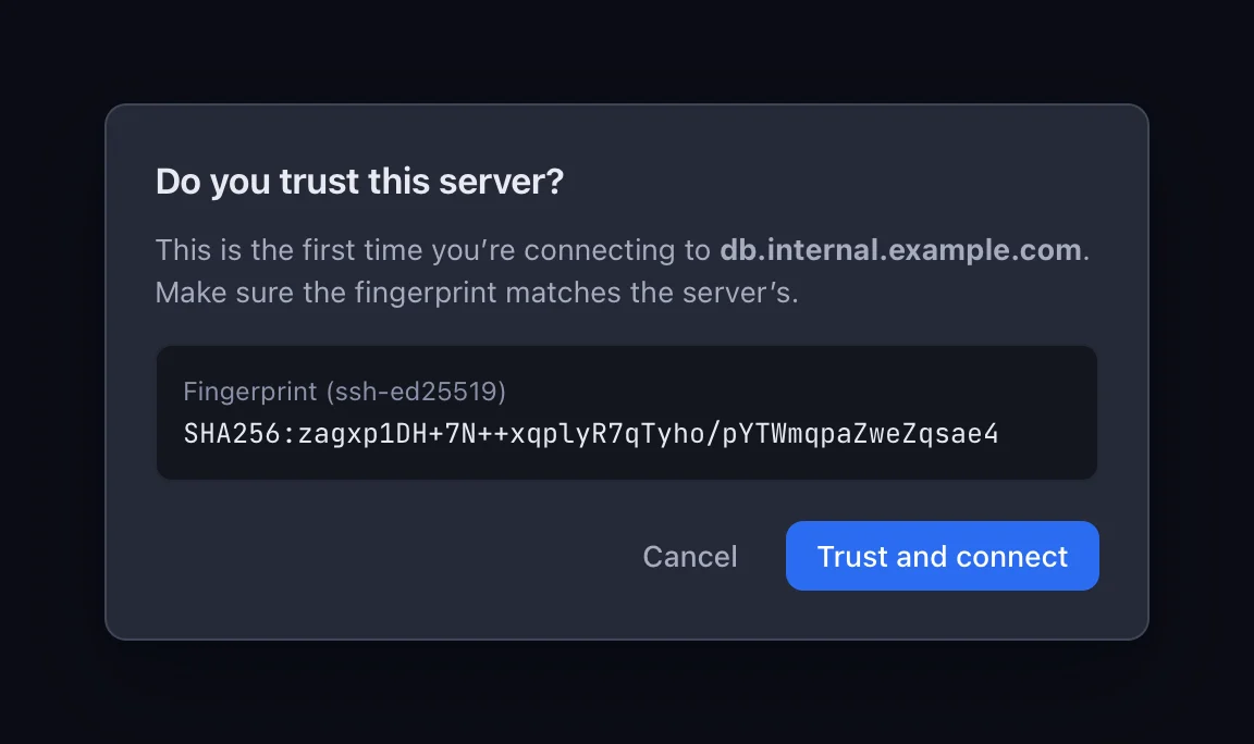 Nodo dialog asking whether you trust a new server and showing its SHA256 fingerprint