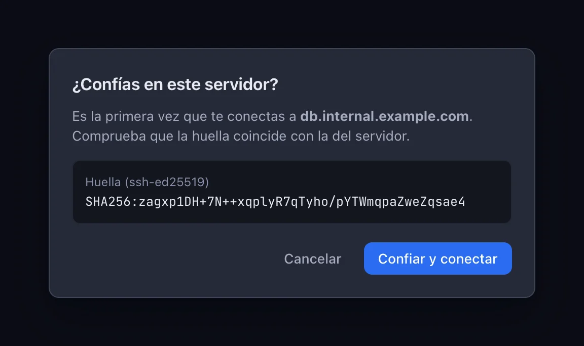 Aviso de Nodo al conectar por primera vez a un servidor, con su huella SHA-256 para comprobarla