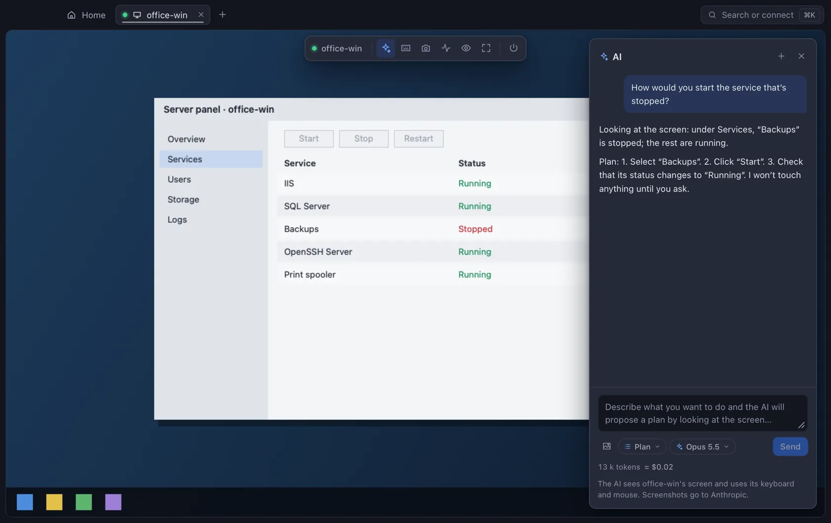 The AI in Plan mode describes the screen and proposes three steps to start the stopped service, without doing any of them