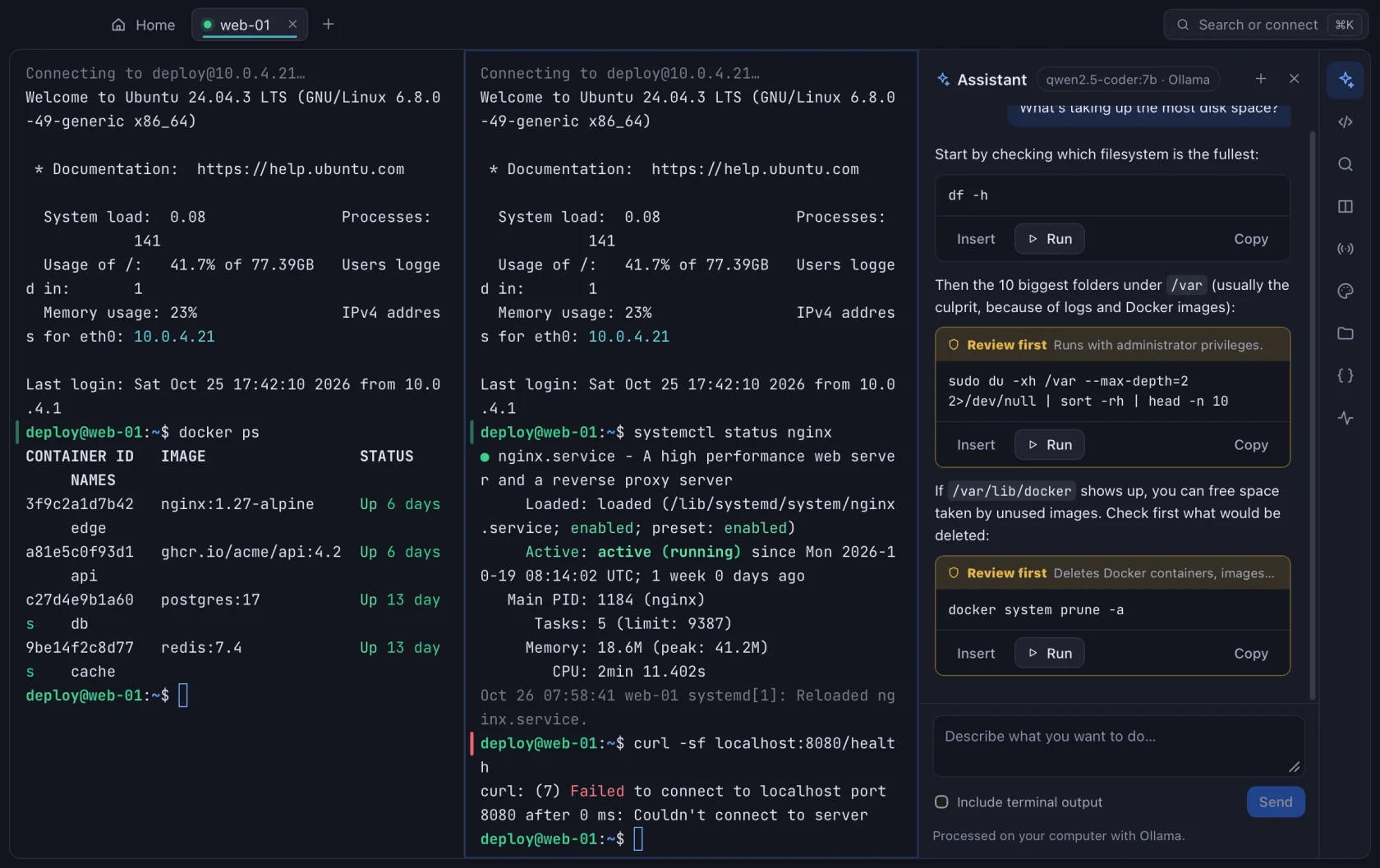 Nodo AI assistant next to the terminal, suggesting commands