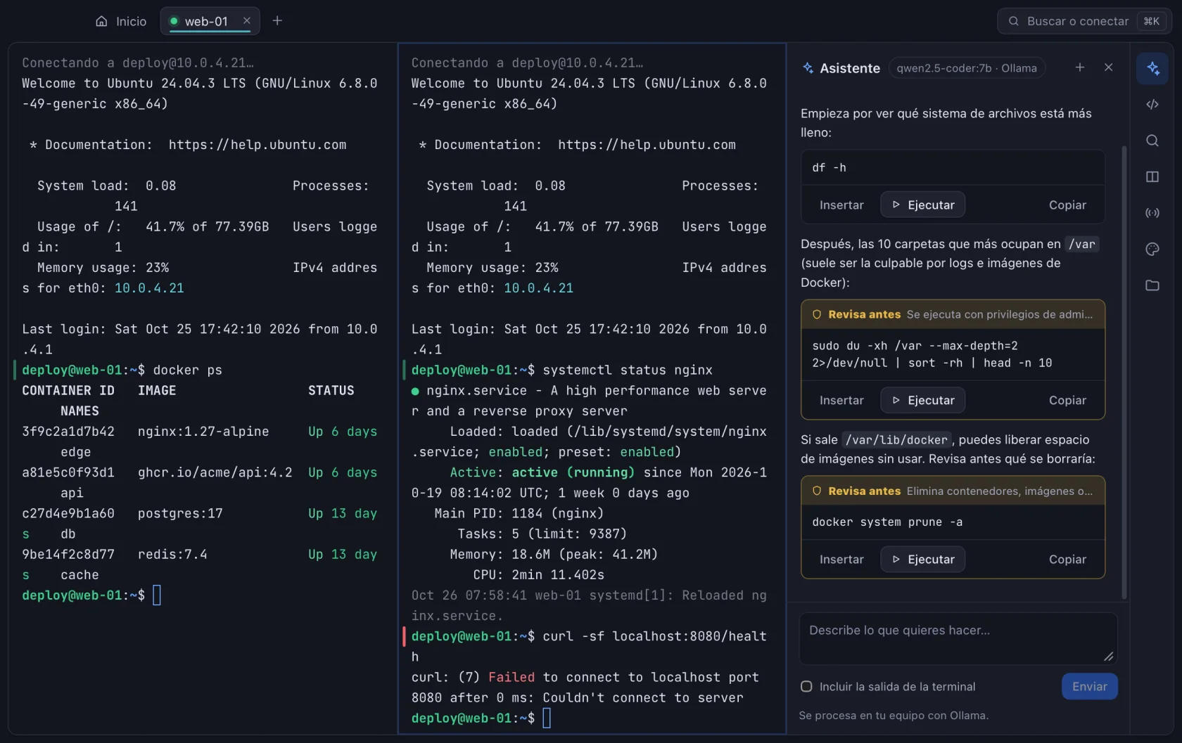 Nodo AI assistant next to the terminal, suggesting commands to check disk usage