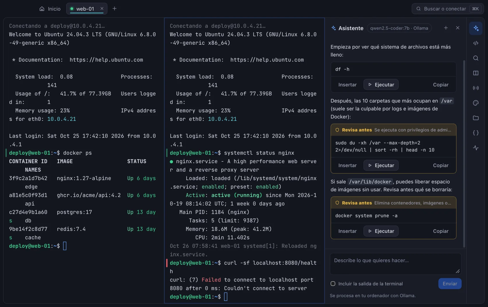 Asistente de IA de Nodo junto a la terminal, proponiendo comandos
