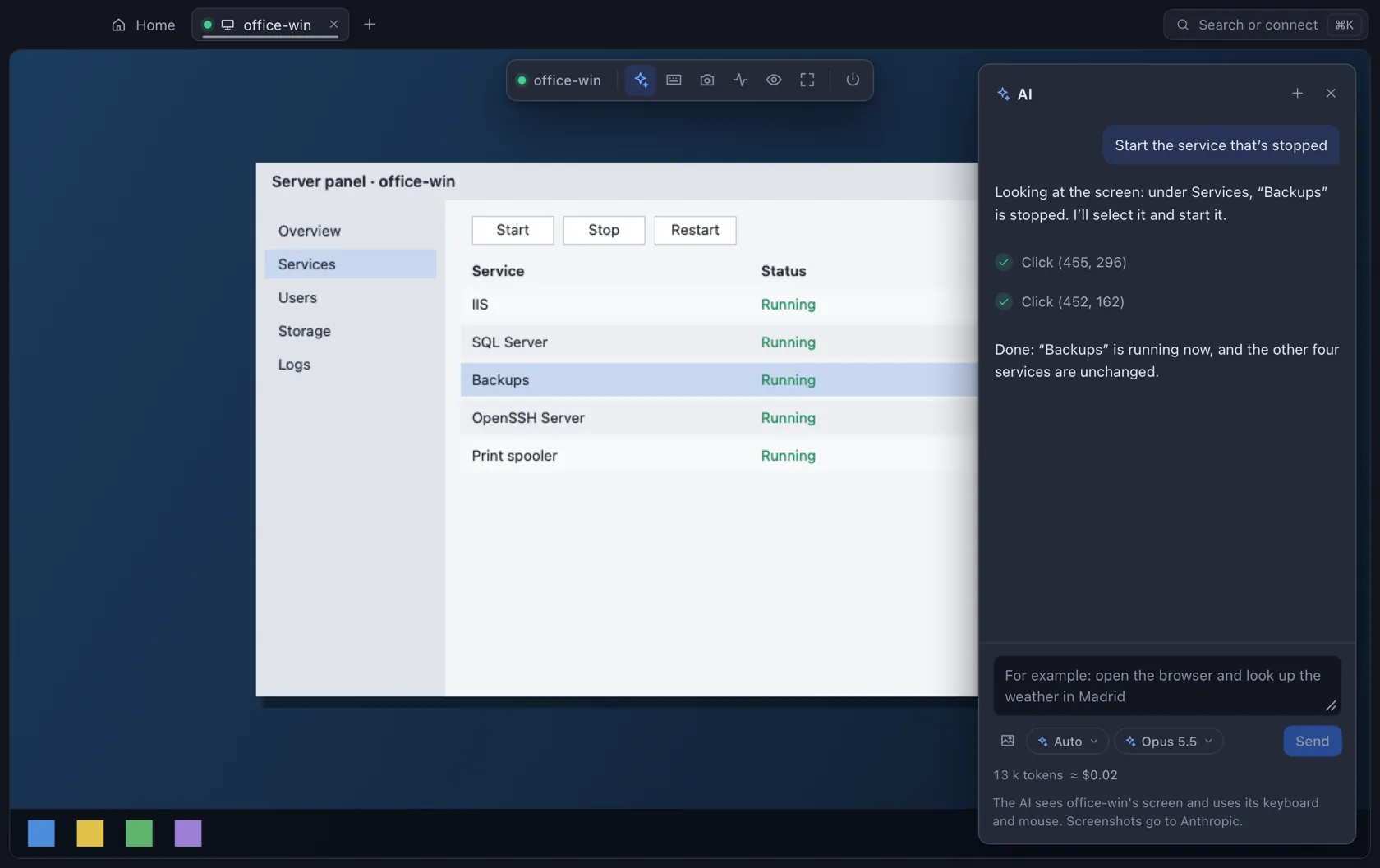 The AI in Auto mode has selected the backups service on a Windows server and started it; the panel lists its two clicks