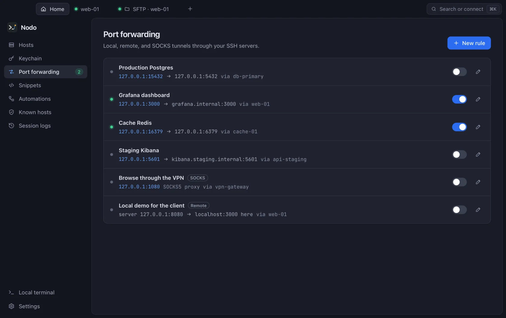 Nodo port forwarding rules: local, remote and SOCKS