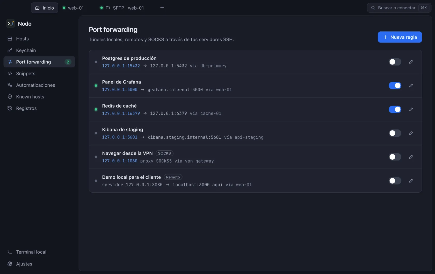 Reglas de port forwarding de Nodo: locales, remotas y SOCKS