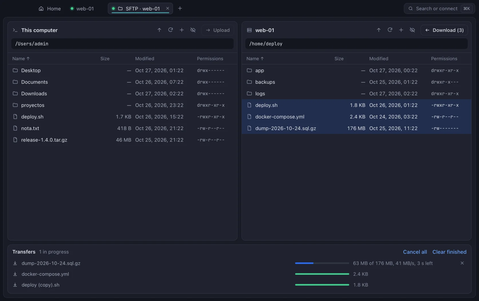 Nodo SFTP browser with a download queue
