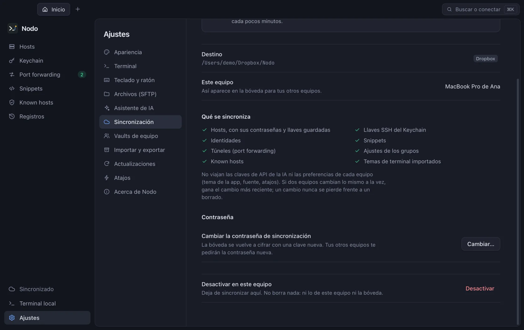 Nodo sync settings, synced with a Dropbox folder