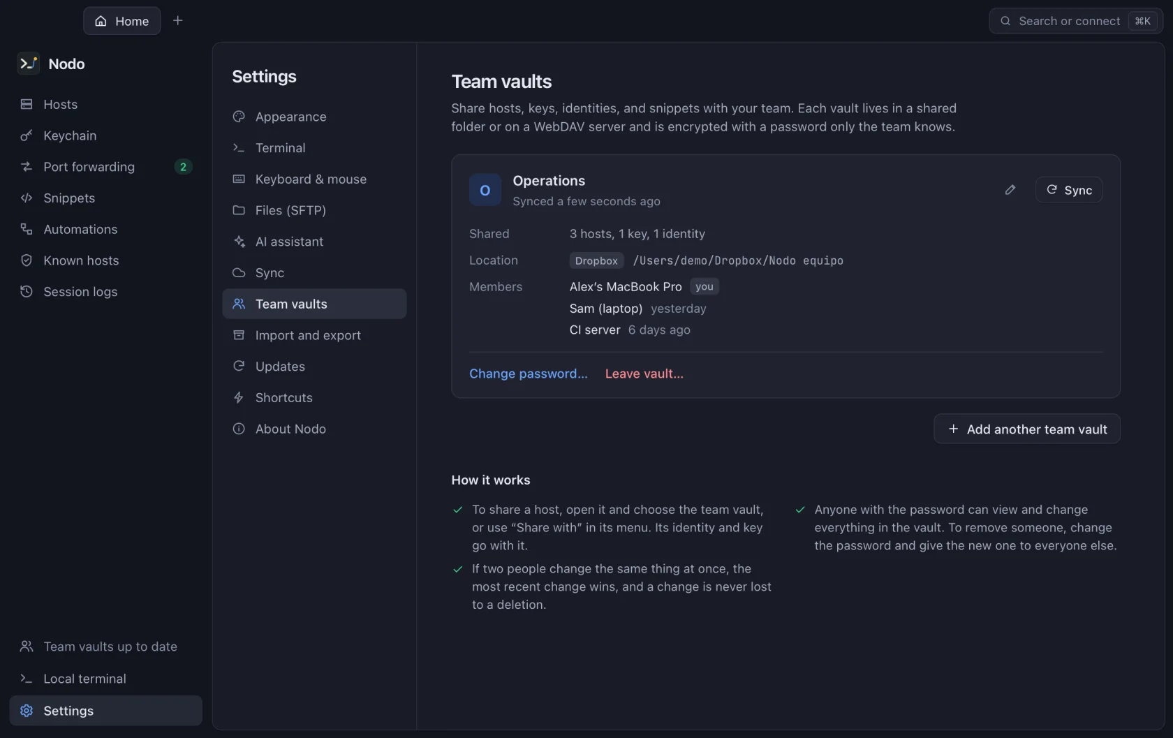 Nodo team vault with its shared hosts and members