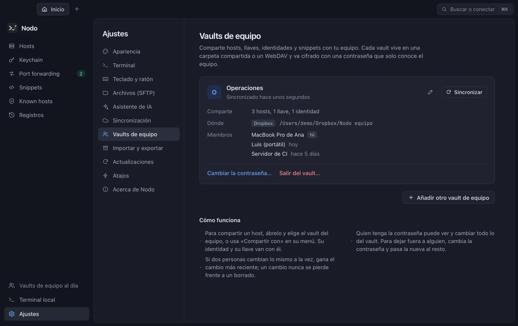 Nodo team vault with three shared hosts, its Dropbox folder and its members