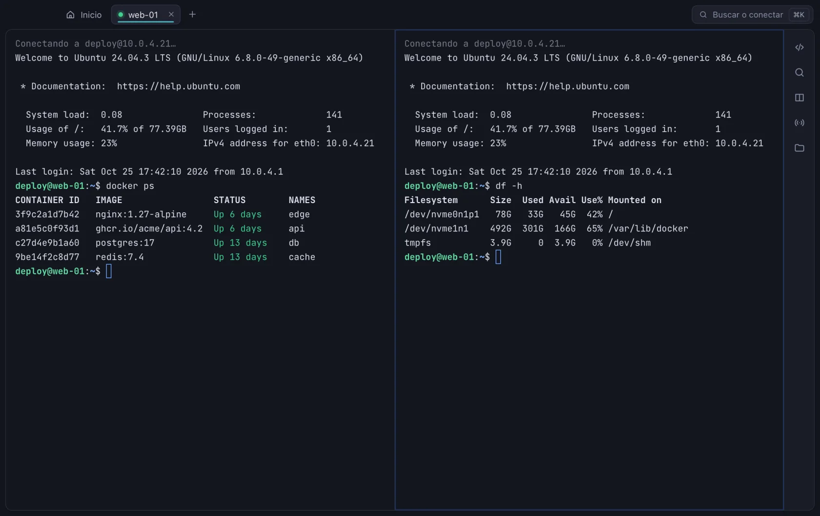 Terminal de Nodo dividida en dos paneles con docker ps y df -h